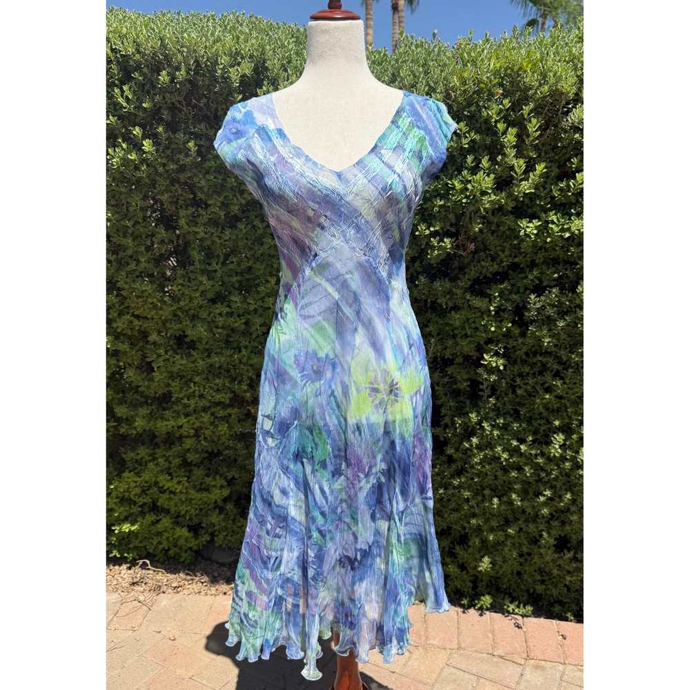 Komarov Blue Purple Floral Watercolor Sheer V-Neck Midi Dress Cap Sleeve Size S